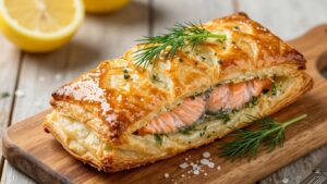 Lachs im Blätterteig auf Holzteller mit Dill