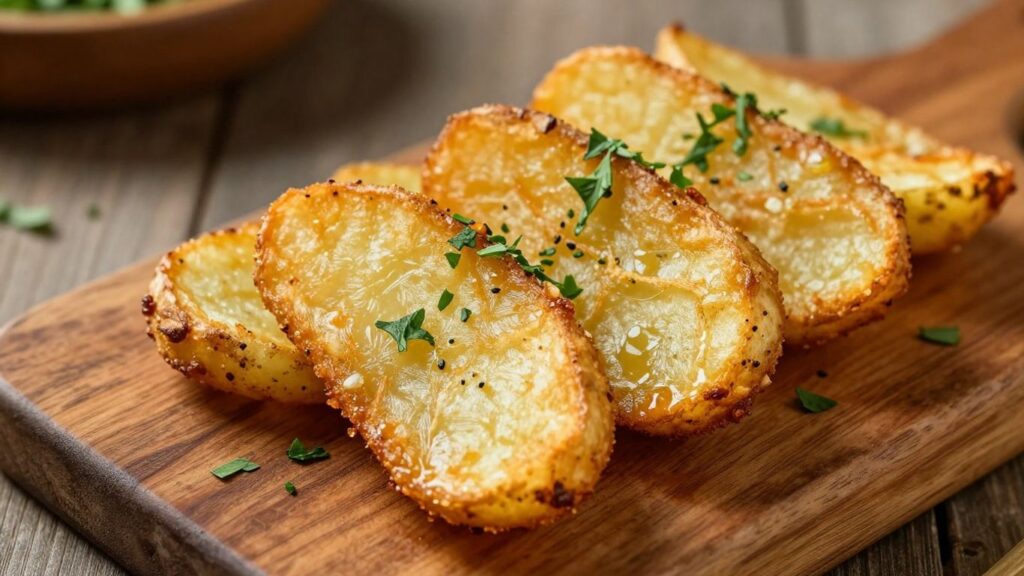 Kross gebratene Kartoffelspalten auf Holzbrett mit Kräutern.