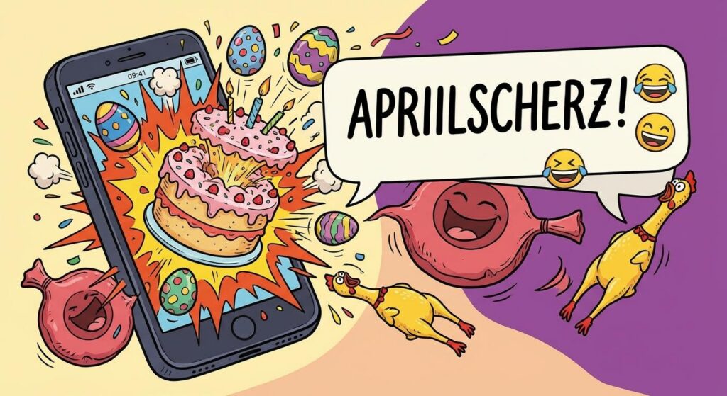 Cartoon eines Smartphone mit Konfetti‑Aprilscherz