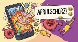 Cartoon eines Smartphone mit Konfetti‑Aprilscherz