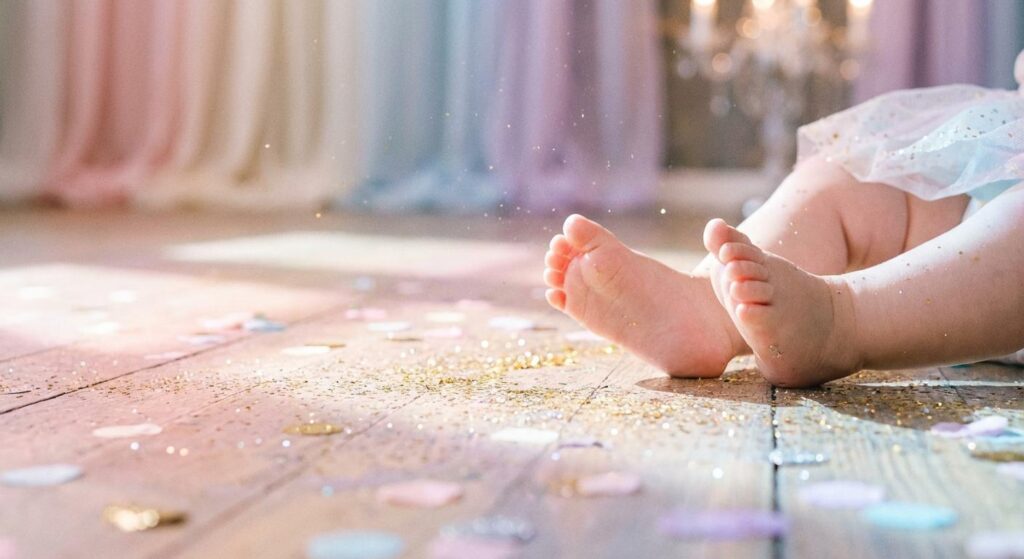 Zarte Babyfüße auf einem stilisierten Tanzparkett, symbolisch für zweiten Nachwuchs und Profitänzer