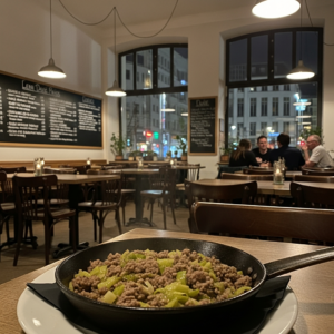 Rustikale Pfanne mit cremigem Hack und Lauch, garniert mit frischen Kräutern