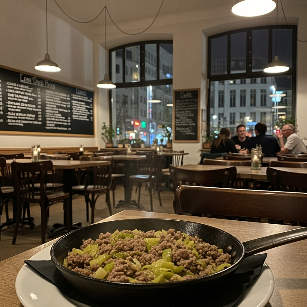 Rustikale Pfanne mit cremigem Hack und Lauch, garniert mit frischen Kräutern