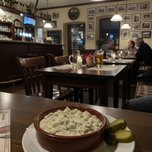 Cremiger Pickle-Dip mit Bacon und Cheddar, umgeben von Jalapeños und Crackern auf rustikalem Tisch.