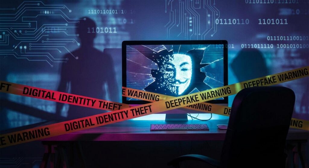 Abstrakte Darstellung eines digitalen Masken‑Gesichts und Computerbildschirm, Symbol für Identitätsdiebstahl und Deepfake‑Gefahr