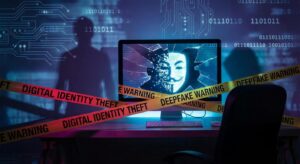 Abstrakte Darstellung eines digitalen Masken‑Gesichts und Computerbildschirm, Symbol für Identitätsdiebstahl und Deepfake‑Gefahr