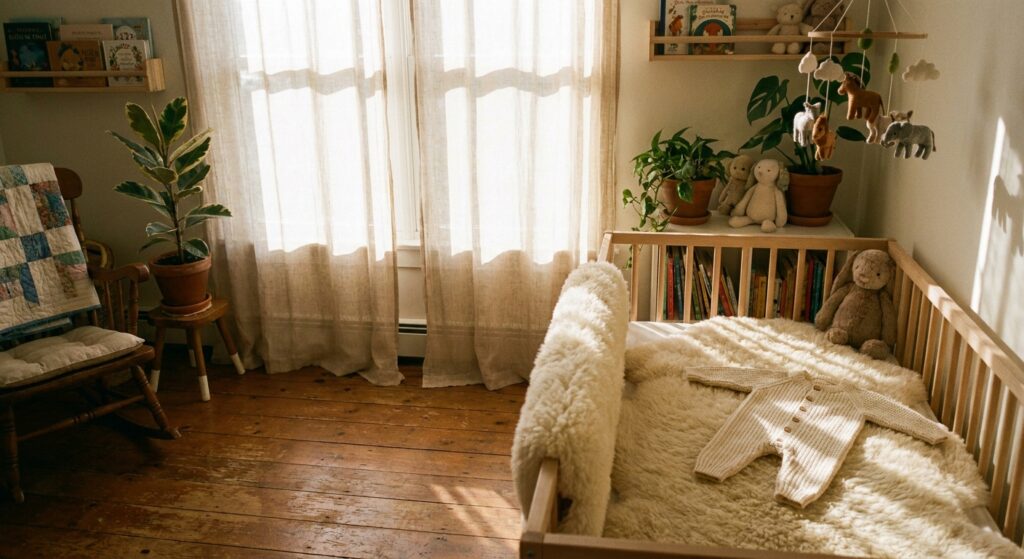 Warme, sonnige Atmosphäre in einem Babyzimmer mit cremefarbenem Strampler