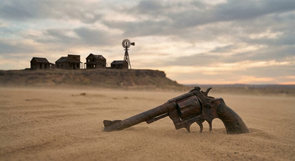 Ein Revolver liegt im Wüstensand eines Westernsets, symbolisch für das Drama bei den Dreharbeiten.