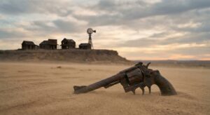 Ein Revolver liegt im Wüstensand eines Westernsets, symbolisch für das Drama bei den Dreharbeiten.