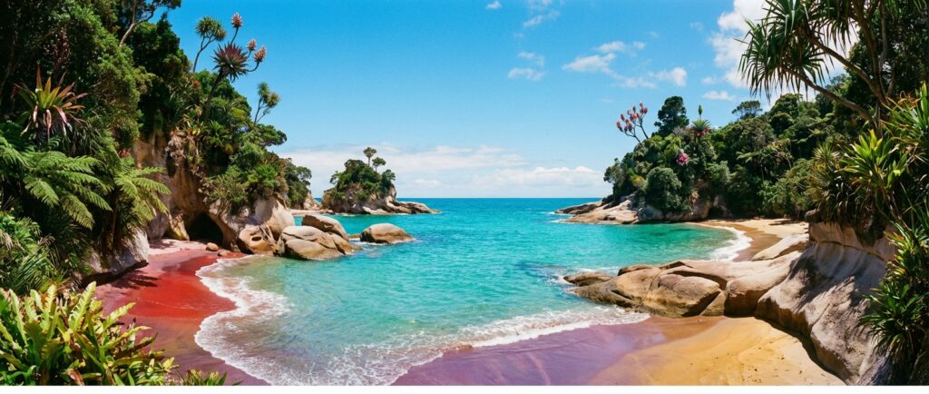 Einzigartige Strände mit Felsen und klarem Wasser unter blauem Himmel