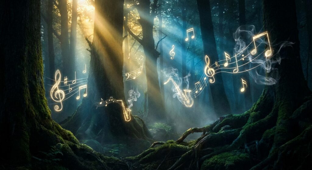 Nebulöser Wald mit schwebenden Musiksymbolen