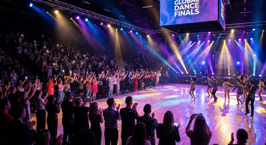 Glitzerndes Tanzparkett unter bunten Lichtern, das eine dynamische Tanzatmosphäre symbolisiert.