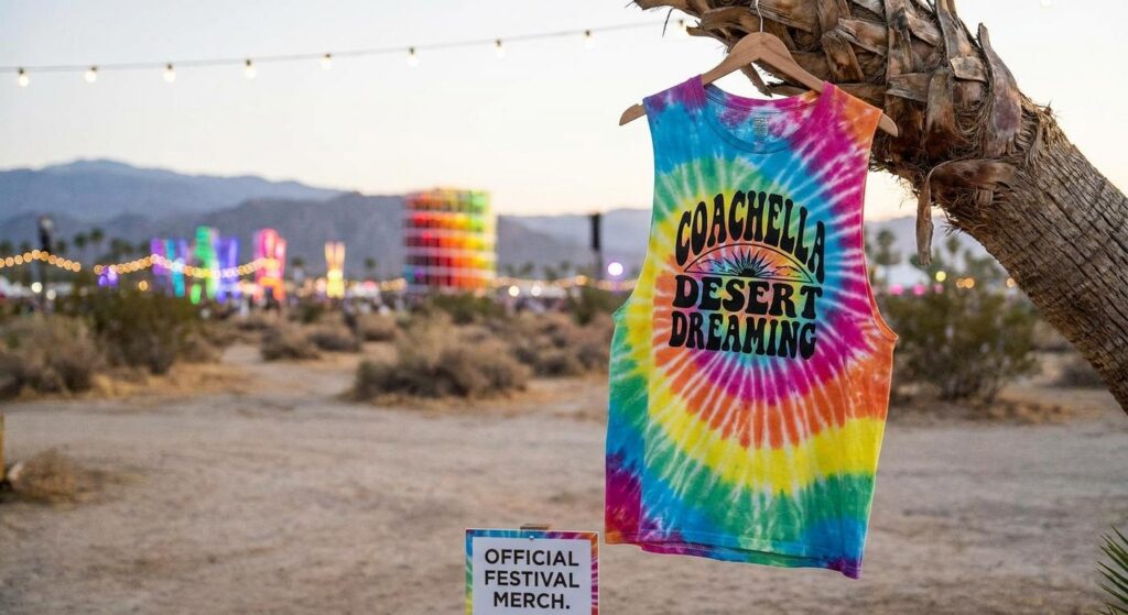 Symbolisches Festival‑Merch‑Shirt an Palmenast im Coachella‑Stil
