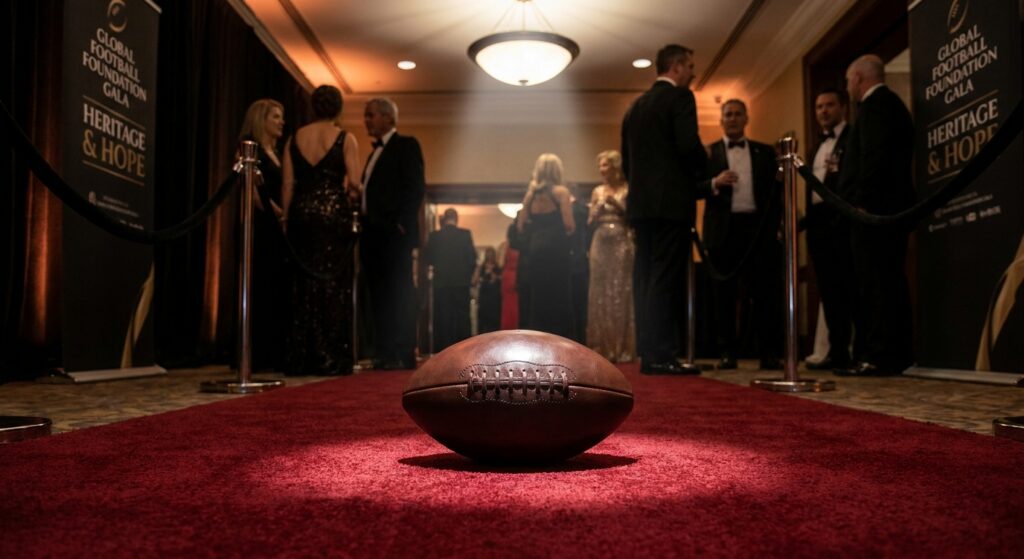 Ein stilvoller Lederfußball auf einem roten Teppich im Scheinwerferlicht