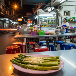 Knuspriger Spargel mit Parmesan-Kruste aus der Heißluftfritteuse auf einem Teller.