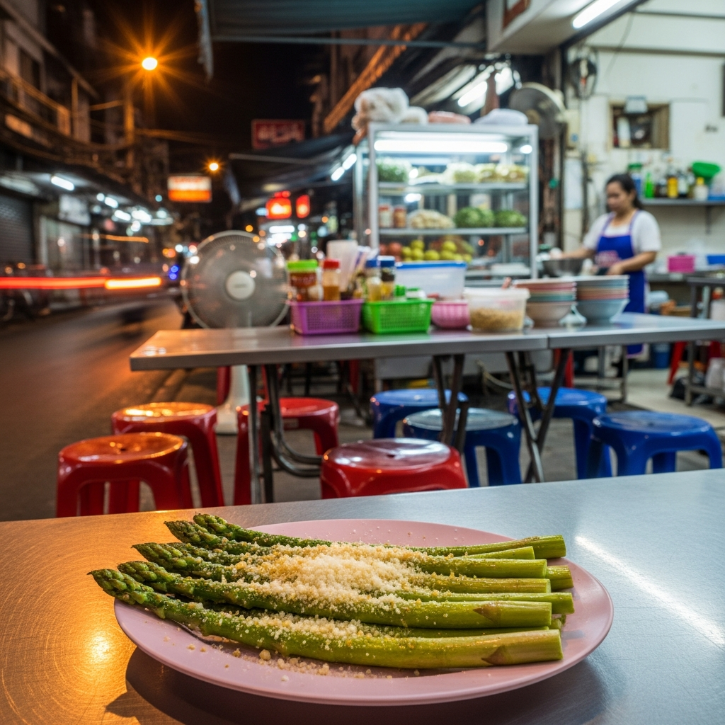 Knuspriger Spargel mit Parmesan-Kruste aus der Heißluftfritteuse auf einem Teller.
