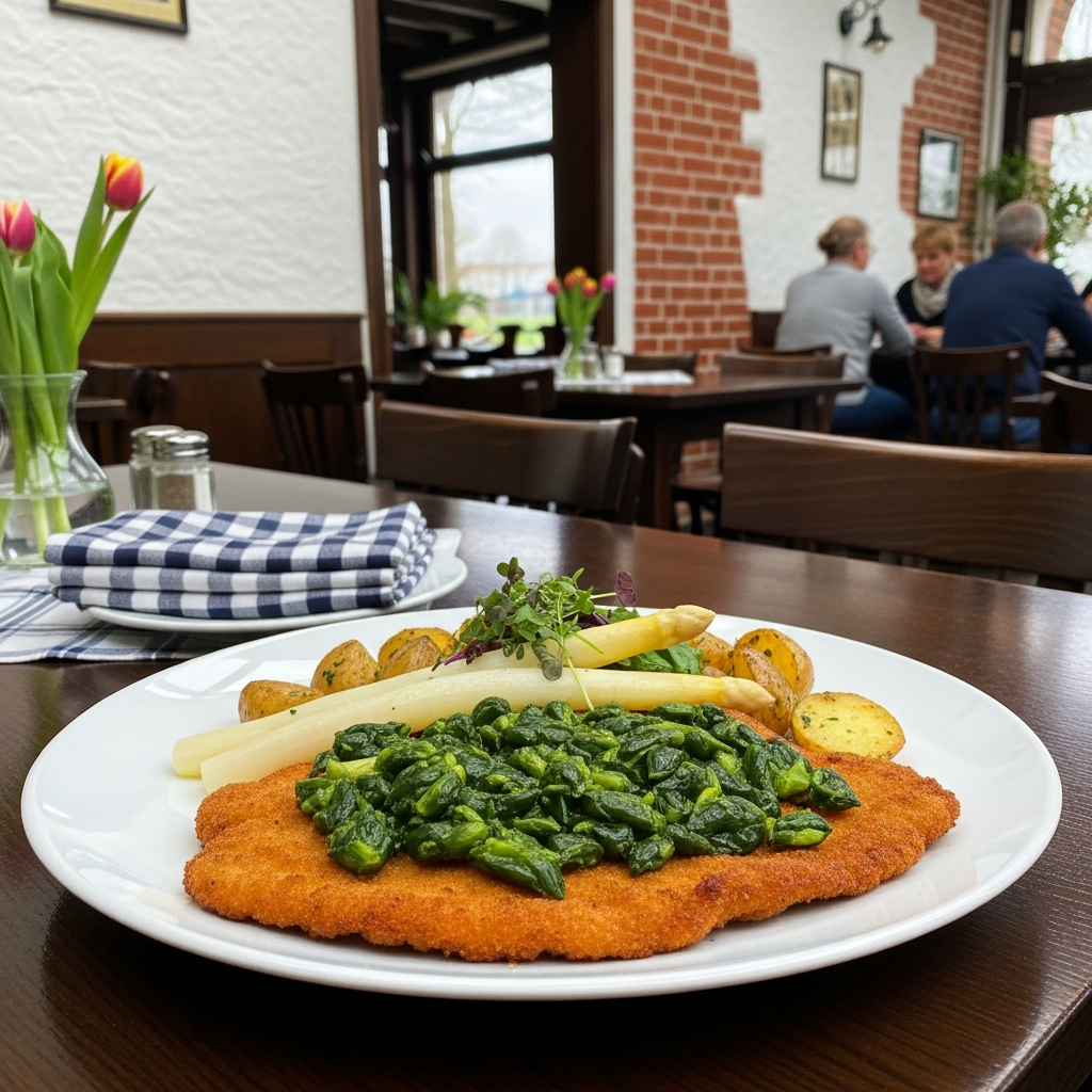 Frisch gebratenes Bärlauch-Schnitzel mit Zitronenscheiben und Frühlingssalat