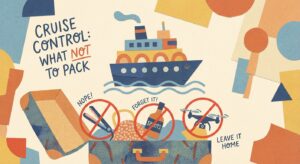 Koffer mit verschiedenen verbotenen Gegenständen vor einem Kreuzfahrtschiff, verspielte Darstellung.