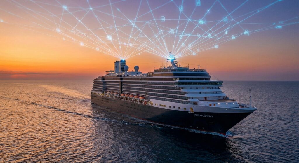 Kreuzfahrtschiff mit digitalem Signal bei Sonnenuntergang