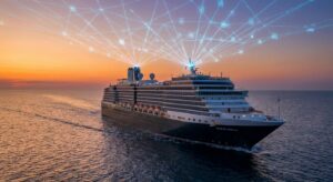 Kreuzfahrtschiff mit digitalem Signal bei Sonnenuntergang