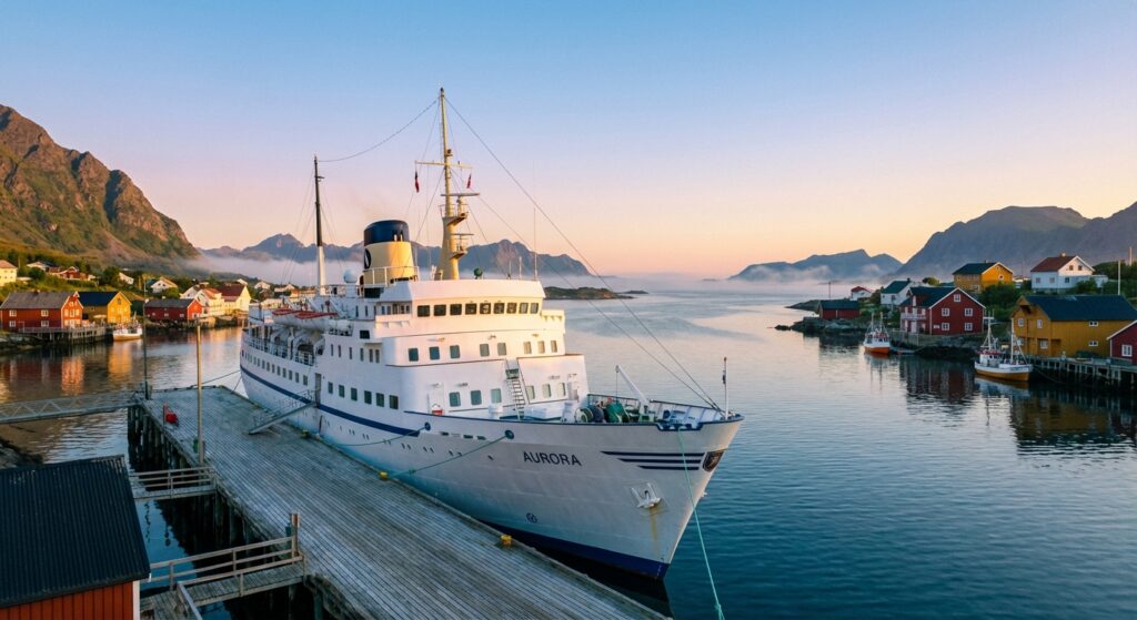 Ein Kreuzfahrtschiff im Hafen bei Sonnenaufgang, klarer Himmel, ruhiges Meer