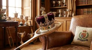 Ein Tennisschläger mit einer Krone darauf, symbolisiert die Sportbegeisterung der Royals.
