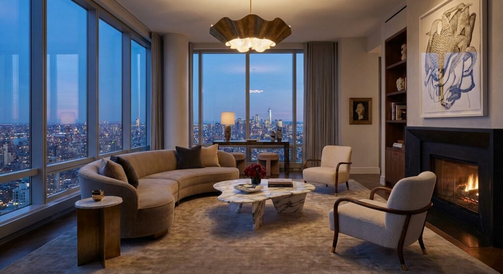 Ein luxuriös eingerichtetes Wohnzimmer mit Panoramafenstern und Designer-Möbeln