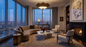 Ein luxuriös eingerichtetes Wohnzimmer mit Panoramafenstern und Designer-Möbeln