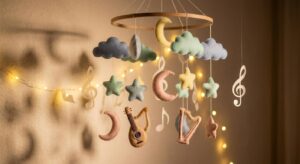 Pastellfarbenes Mobile mit Musiknoten für sanftes Mutterglück