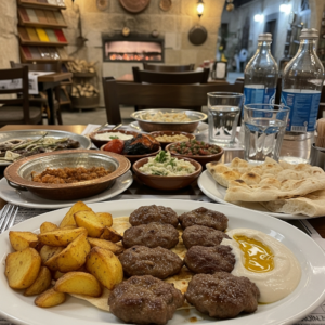 Köftefrikadellen mit Ofenkartoffeln und Tahini-Joghurtsauce