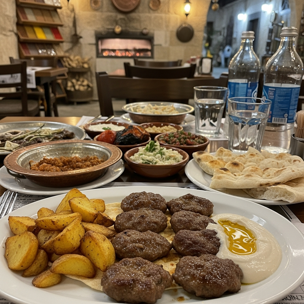 Köftefrikadellen mit Ofenkartoffeln und Tahini-Joghurtsauce