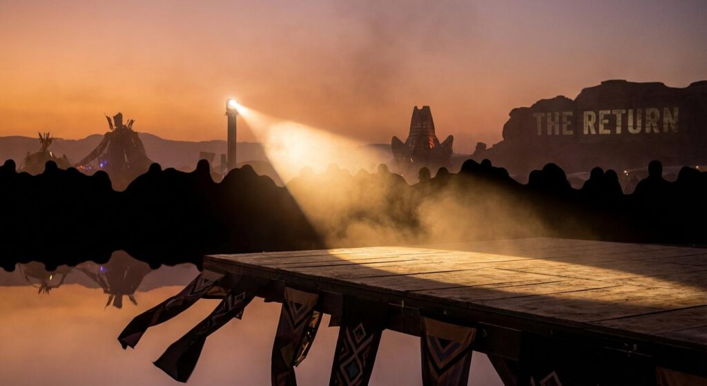 Abstrakte Darstellung einer Festivalbühne mit Lichtstrahlen und Menschenmengen im Schatten, symbolisch für Comeback