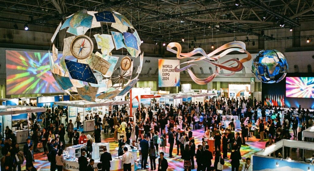 Bunte Darstellung einer Reisemesse mit Symbolen der Erkundung