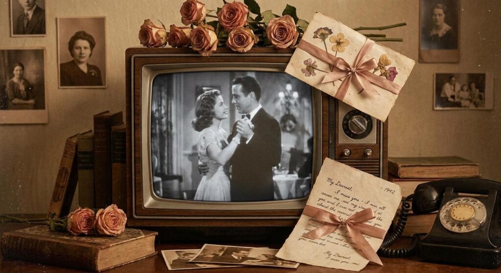 Symbolische Retro-Romantik mit altem Fernseher, Rosen und Liebesbrief