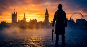 Silhouette eines Spions mit Londoner Wahrzeichen bei Sonnenuntergang