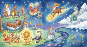 Illustration von Sternenbildern unter einem glitzernden Nachthimmel