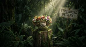 Krone aus Blättern und Blüten auf einem stummen Dschungeltelefon im Schattenlicht