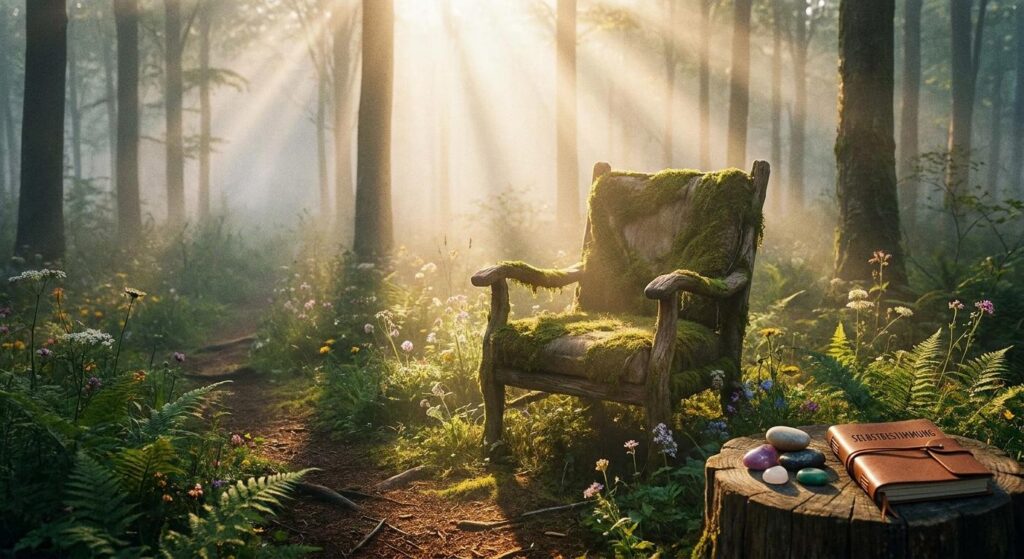 Symbolische Darstellung: leerer Sessel in nebliger Waldlichtung – Heilung und Kontrolle selbst übernehmen