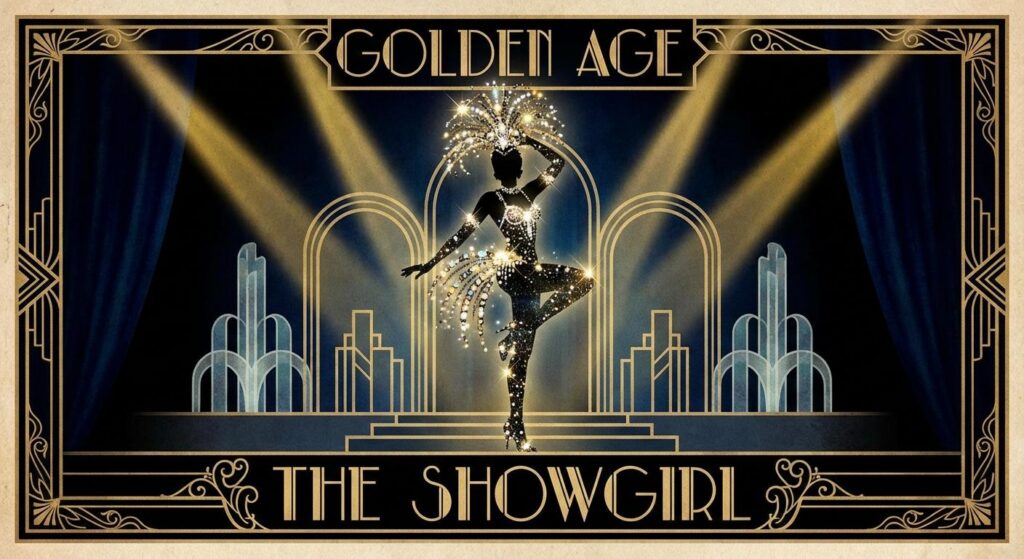 Symbolische Silhouette eines Showgirls im Glamour-Stil, dunkler Hintergrund, funkelnde Akzente