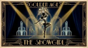 Symbolische Silhouette eines Showgirls im Glamour-Stil, dunkler Hintergrund, funkelnde Akzente