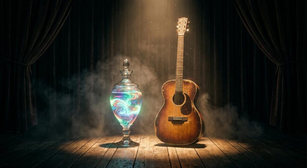 Symbolbild: Gitarre mit schwebender Flüssigkeit – künstlerische Darstellung eines unerwarteten Angriffs auf einen Musiker