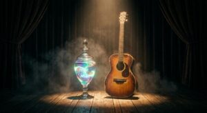 Symbolbild: Gitarre mit schwebender Flüssigkeit – künstlerische Darstellung eines unerwarteten Angriffs auf einen Musiker