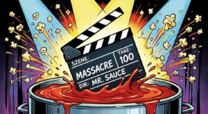 Filmklappe getränkt in Ketchup unter Scheinwerferlicht, Comicstil symbolisch für Scary Movie Rückkehr