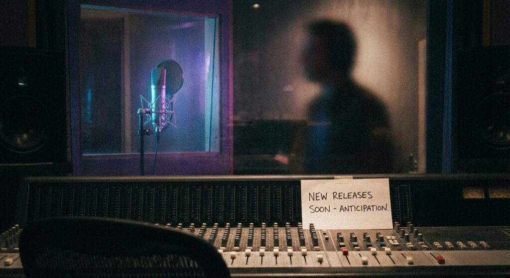 Symbolisches Tonstudio mit Mikrofon und diffuser Atmosphäre, Vorahnung auf neue Musik