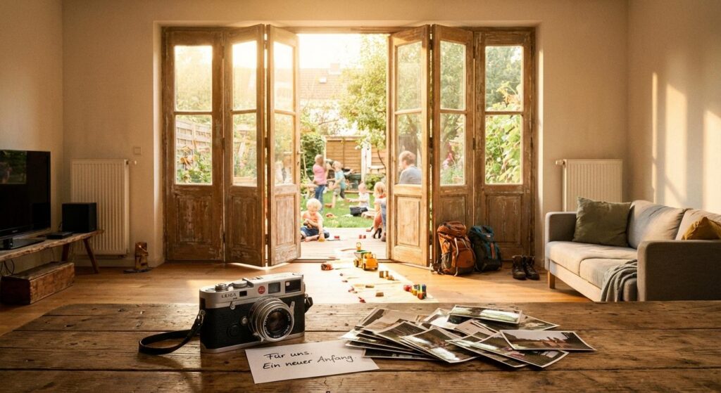 Symbolischer Abschied: Kamera auf Tisch im hellen Wohnzimmer auf dem Weg ins Familienleben