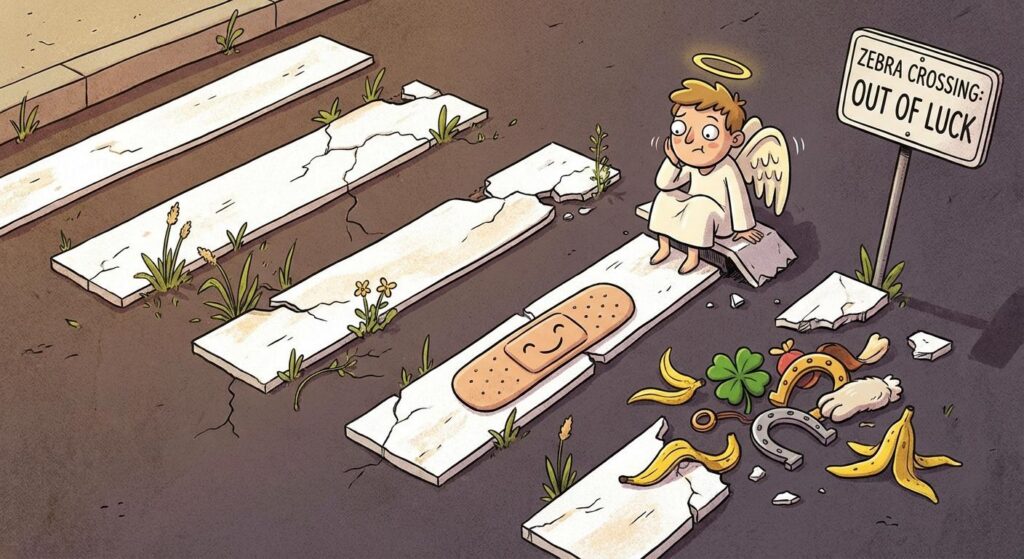 Symbolischer beschädigter Zebrastreifen mit Schutzengel-Illustration