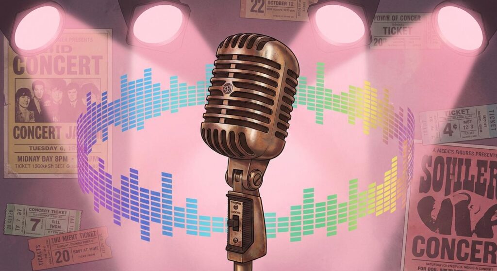 Symbolisches Mikrofon mit leuchtenden Spotify-Lichtbalken