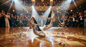 Tanzschuhe auf Parkett mit Konfetti und Scheinwerfern