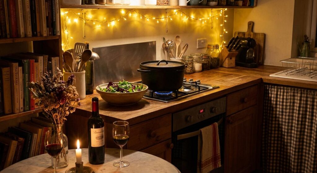 Gemütliche Küchenromantik mit Kochtopf und Salat – Symbol für verliebtes Kochen