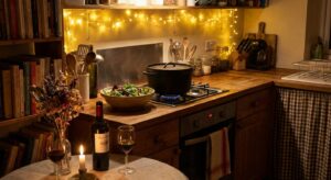 Gemütliche Küchenromantik mit Kochtopf und Salat – Symbol für verliebtes Kochen